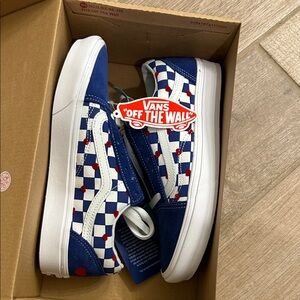 Vans Navy and White Checkered Sneakers with Red Accents